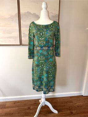 Talbots Blue Green Paisley Sheath Dress | 3/4 Sleeve Printed Career Dress